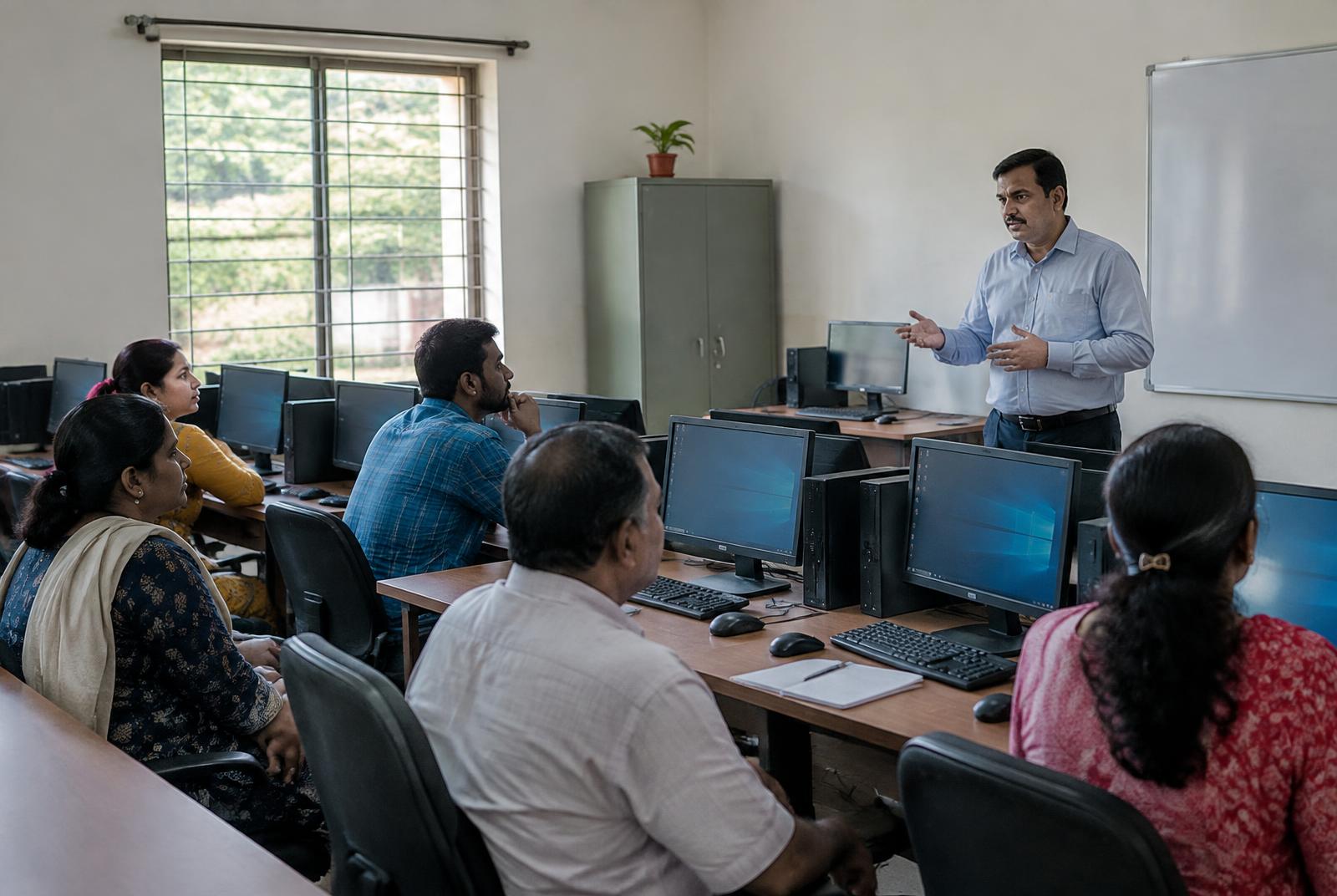 An instructor teaching a small group of adult learners in a computer classroom