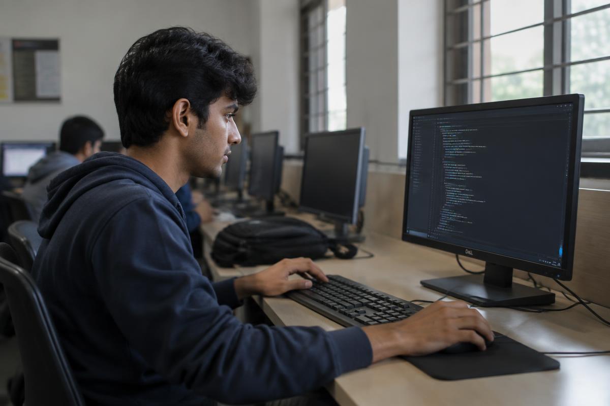 A student writing code on a desktop computer in a computer lab