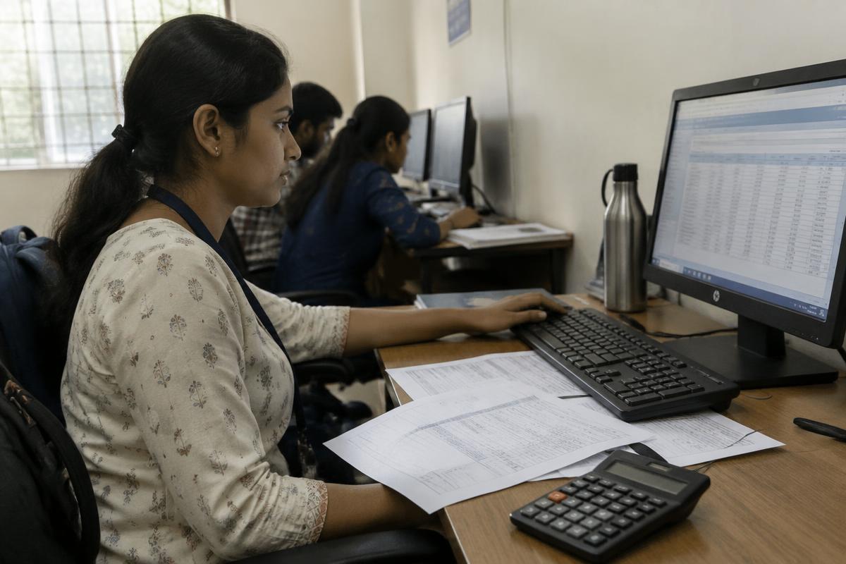 A learner entering accounts on a computer with invoices and a calculator