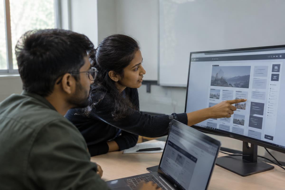 Two learners reviewing a website layout together on a monitor