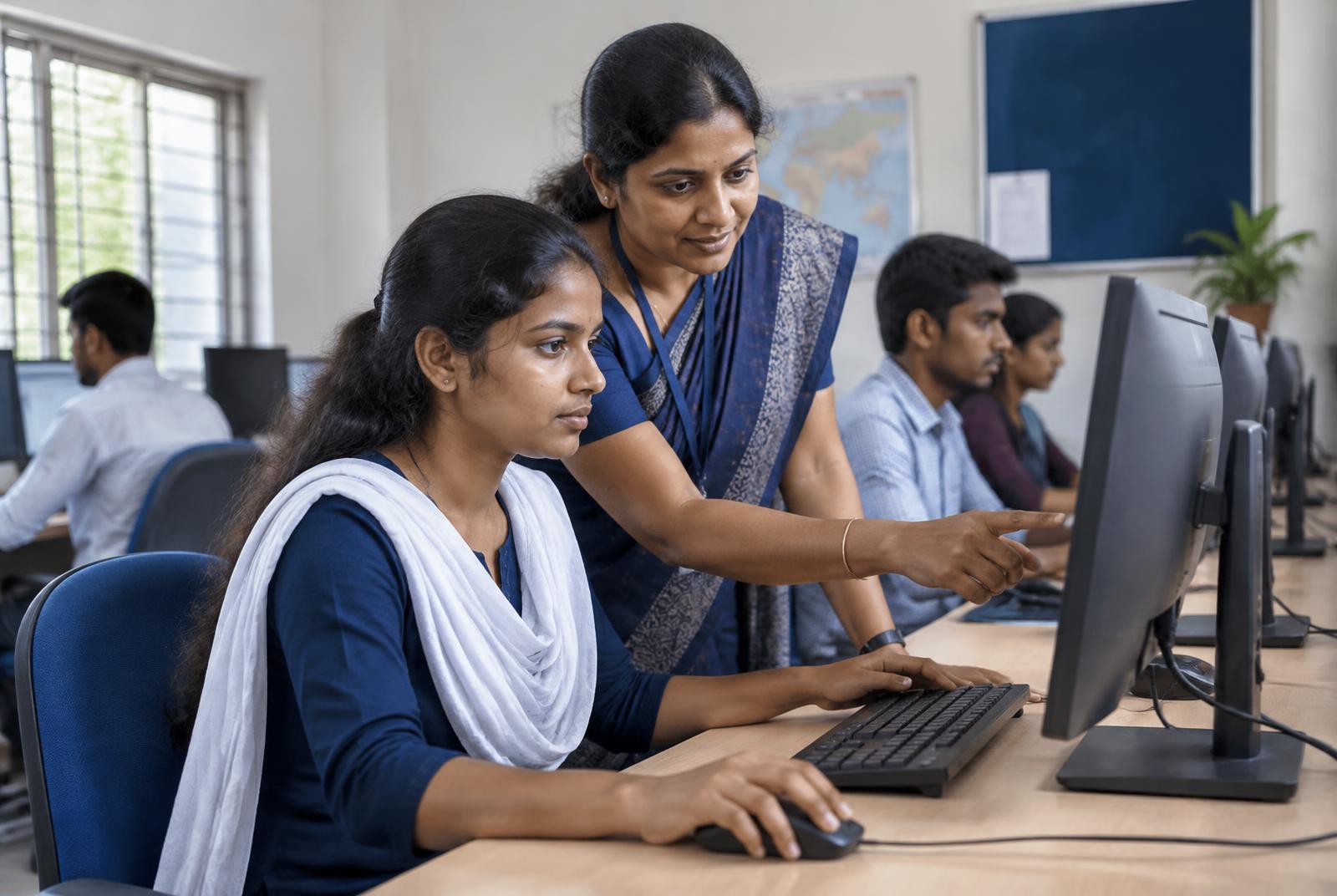 An instructor guiding a learner through a practical computer exercise