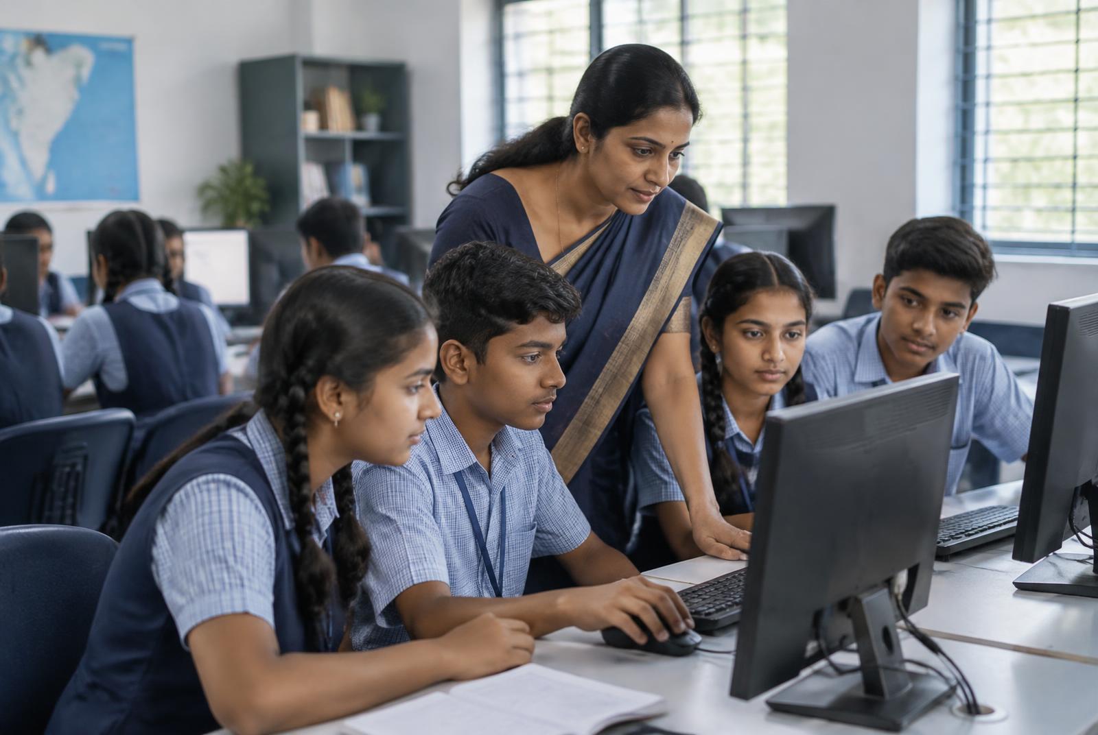 A teacher supporting school students during a computer lab session